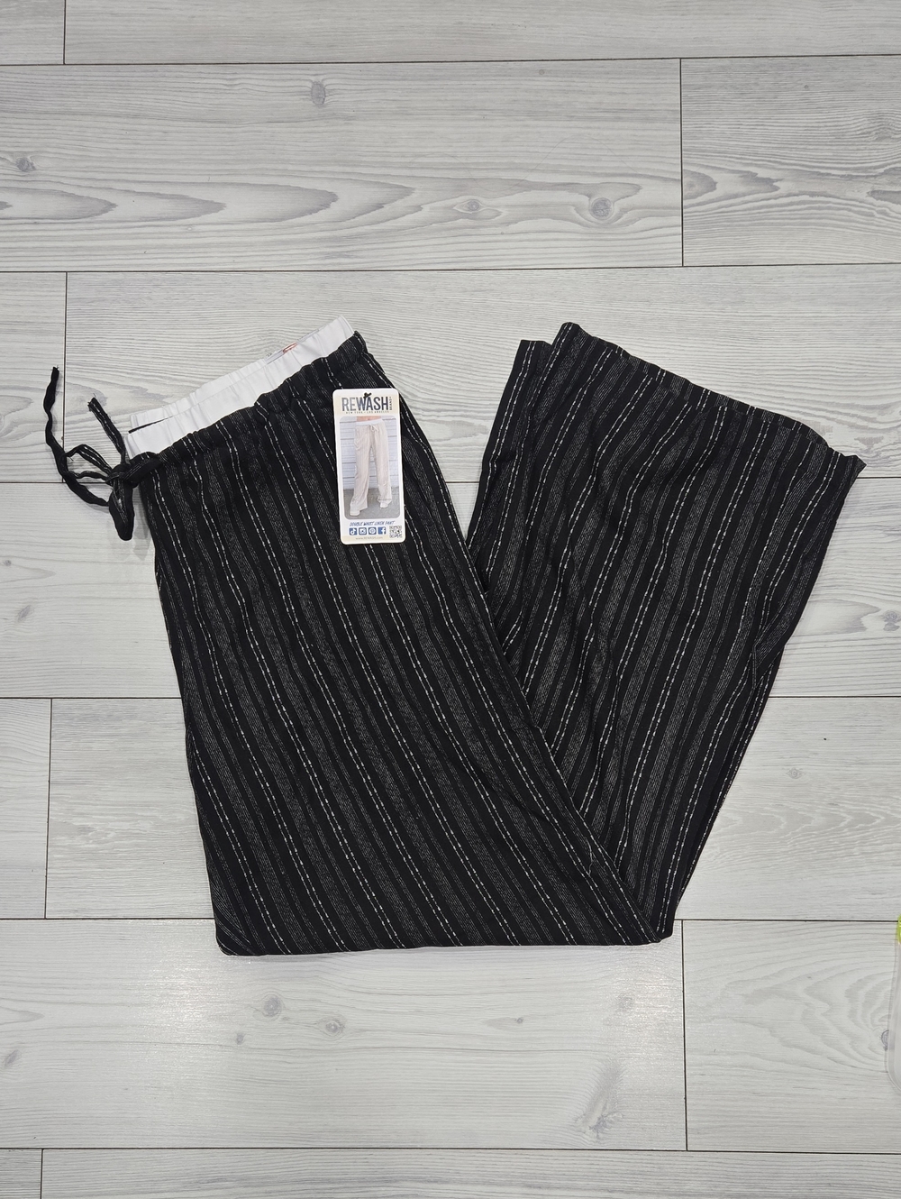 Rewash Double Waisted Black Pinstripe Drawstring Linen Pants
